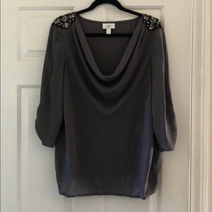 LOFT Gray Blouse with Jeweled Shoulders